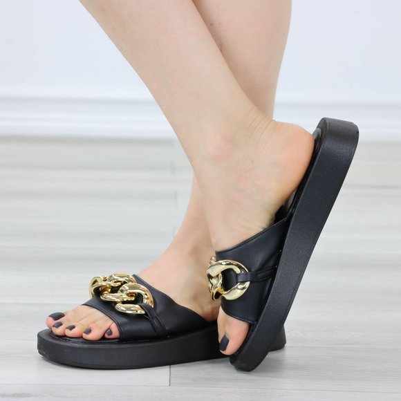 Black Chunky Comfy Flat Sandal Slip On Sliders - Picture 9 of 14